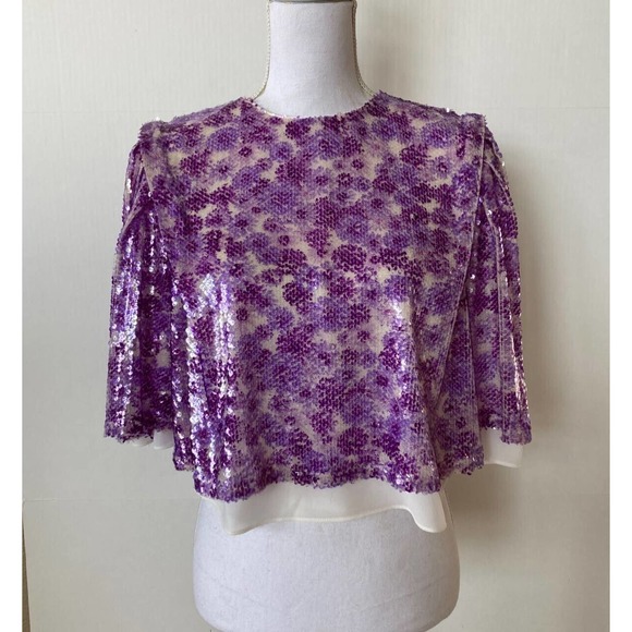 NWT Endless Rose Purple Sequin Shirt Scoop Neck Small Flutter Sleeve Crop Top - Picture 1 of 9